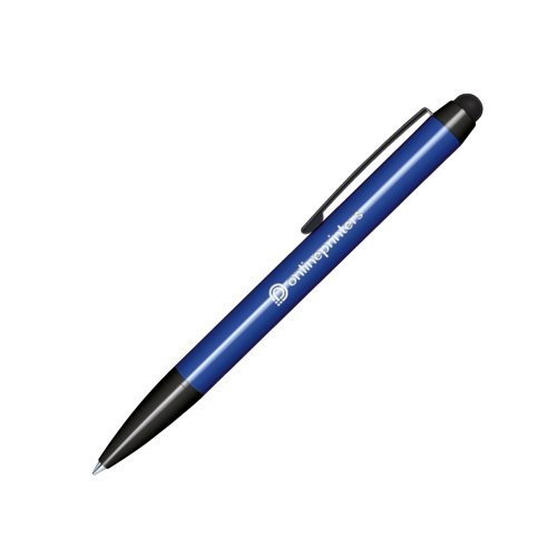 Stylo à bille rotatif en plastique bleu foncé avec stylet pour écran tactile et clip.