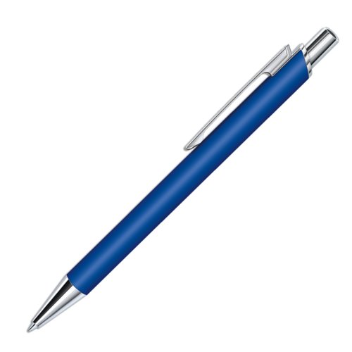 Stylo � bille bleu fonc� en plastique avec surface douce au toucher et clip.