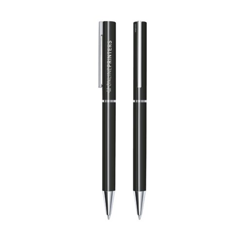 Stylo  bille noir en plastique,  mcanisme tournant, avec lments en mtal et clip.