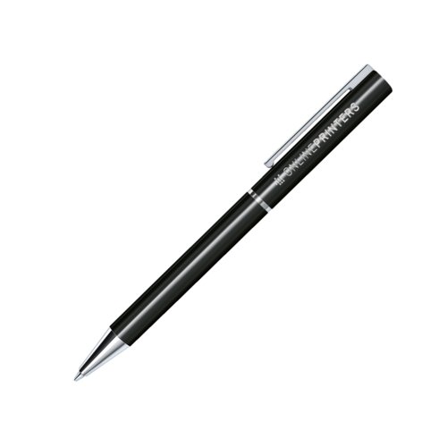 Stylo  bille en plastique noir avec mcanisme rotatif et clip.