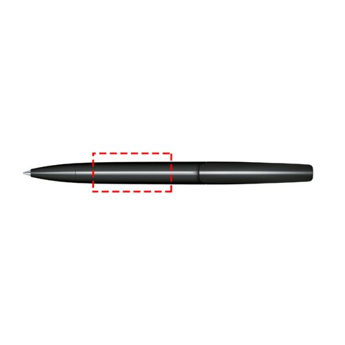 Stylo à bille foncé en plastique avec finition brillante et mécanisme rotatif.