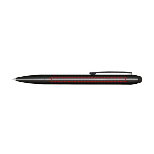 Stylo à bille noir avec mécanisme rotatif et stylet pour écran tactile.