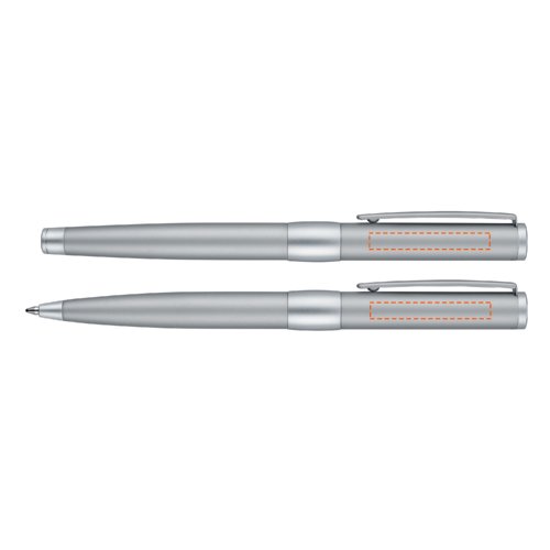Ensemble de stylos en métal couleur chrome avec stylo à bille, roller et étui en cuir.