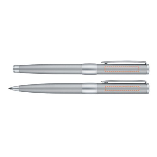 Ensemble d'écriture en métal de couleur chrome comprenant un stylo à bille et un roller, avec étui.