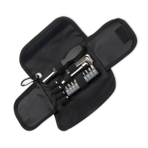 Jeu d'outils noir dans un étui en tissu avec divers embouts.