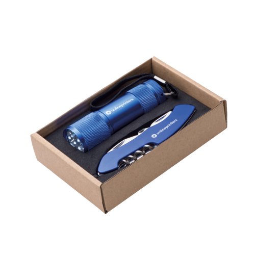 Ensemble bleu de lampe de poche avec dragonne et couteau de poche avec divers outils.