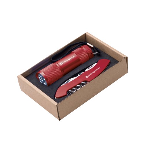 Ensemble rouge comprenant une lampe de poche en métal avec dragonne et un couteau de poche multifonction.
