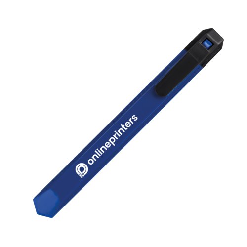 Cutter à carton bleu avec protection de lame et motif.