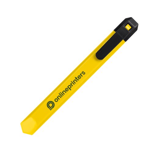 Cutter à carton jaune avec protection de lame et clip.