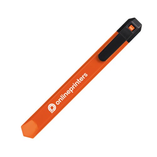 Cutter à carton en plastique orange avec protection de lame.