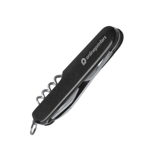 Couteau de poche noir avec divers outils et anneau en mtal.