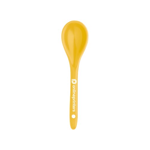 Cuillre en plastique jaune avec cuillre arrondie.