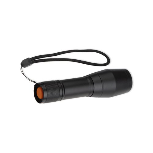 Lampe de poche en métal noir avec dragonne.