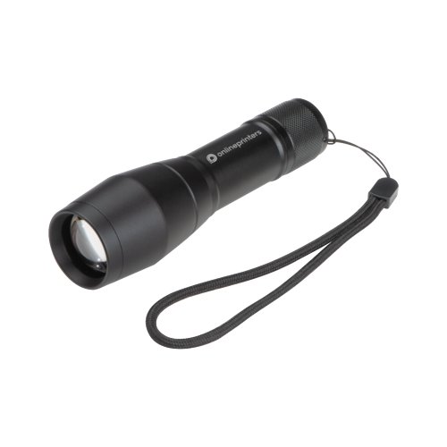 Lampe de poche noire en métal avec LED et dragonne.