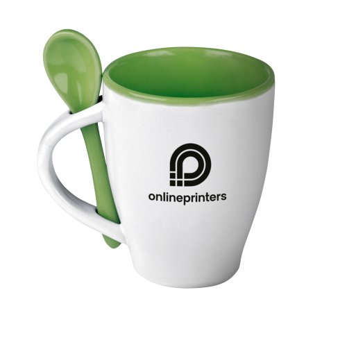 Tasse en céramique verte avec cuillère assortie.