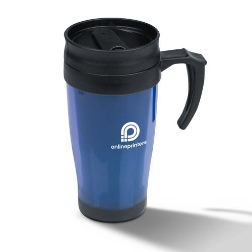 Mug en plastique bleu avec couvercle et anse.
