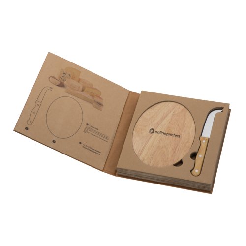 Planche à fromage en bois avec couteau et forme ronde.