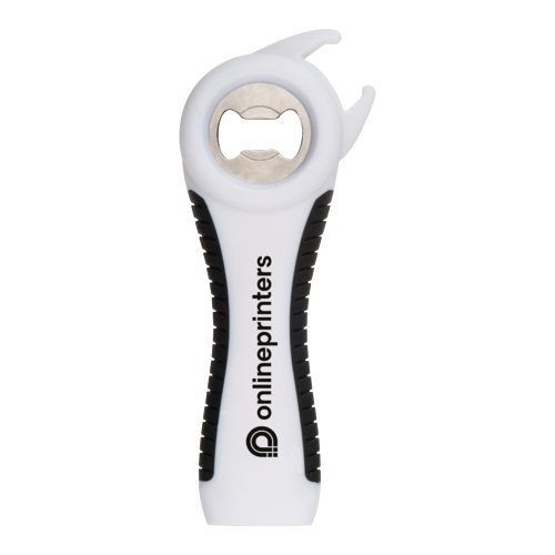 Ouvre-boîte multiple en plastique blanc avec insert en métal et poignée antidérapante.