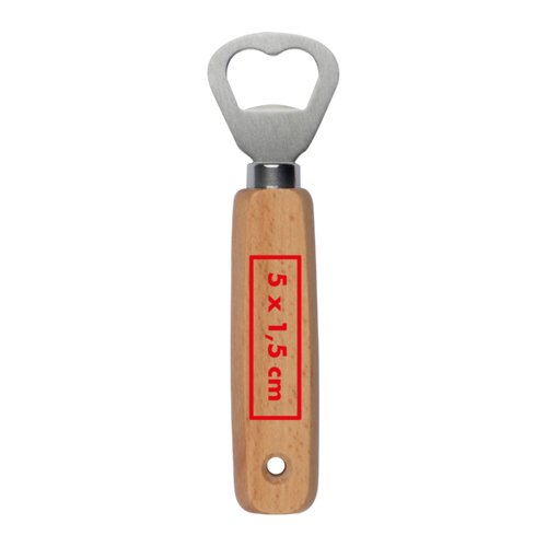 Ouvre-bouteille en bois avec tête en métal et trou de suspension.