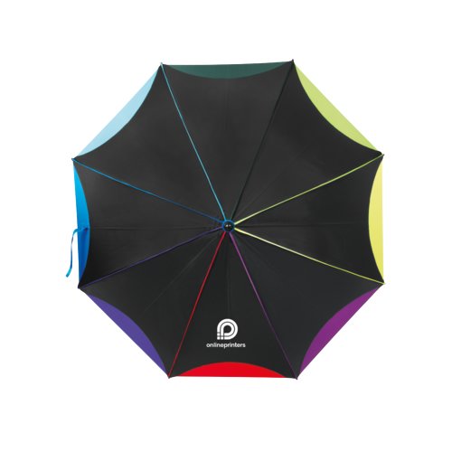 Parapluie automatique multicolore avec housse et poignée.