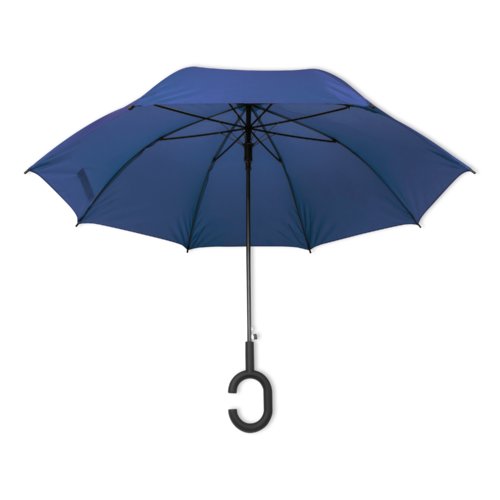 Parapluie bleu avec une poignée spéciale.
