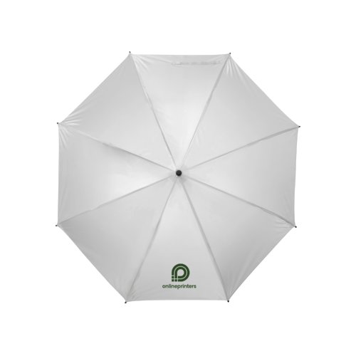 Parapluie blanc avec mécanisme d'ouverture manuelle.