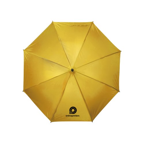 Parapluie jaune avec poignée bâton et mécanisme d'ouverture manuel.
