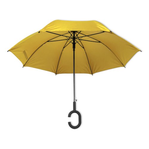 Parapluie jaune avec une poignée spéciale.