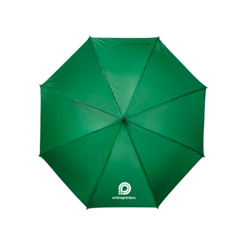 Parapluie vert avec mécanisme d'ouverture manuelle.