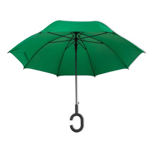 Parapluie vert avec poignée spéciale.