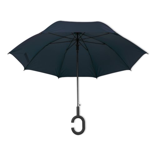 Parapluie bleu foncé avec poignée spéciale.