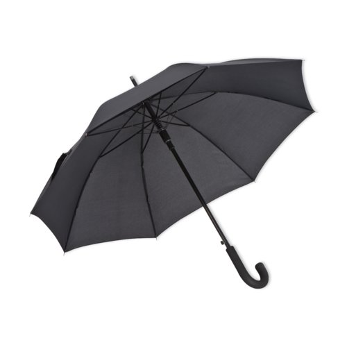 Parapluie noir automatique avec poignée incurvée.
