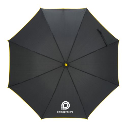 Parapluie automatique jaune avec poignée assortie.