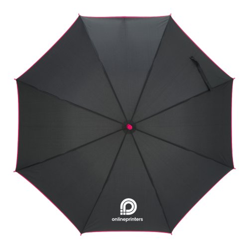Parapluie automatique rose avec housse et poignée.