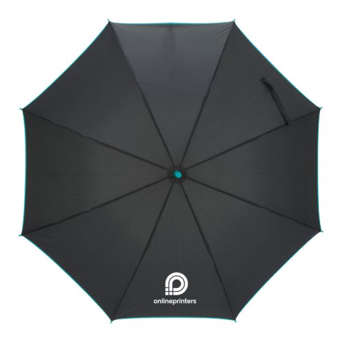 Parapluie automatique turquoise avec toile et poignée confortable.