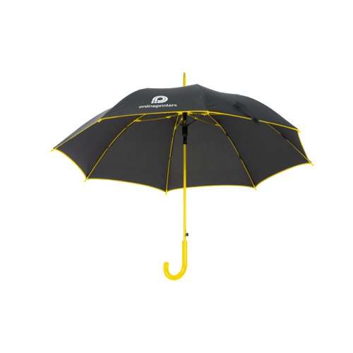 Parapluie automatique noir avec poignée jaune et détails jaunes.
