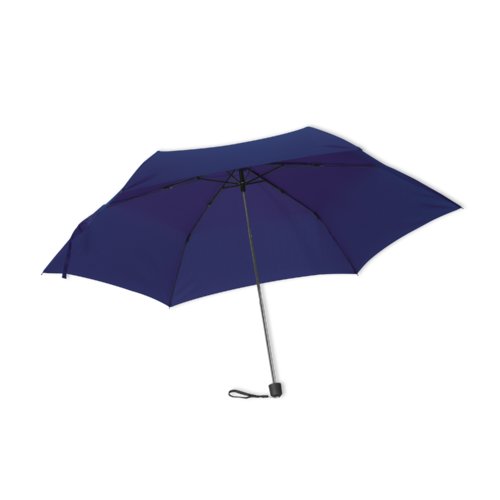 Mini parapluie bleu fonc avec housse et poigne courte.