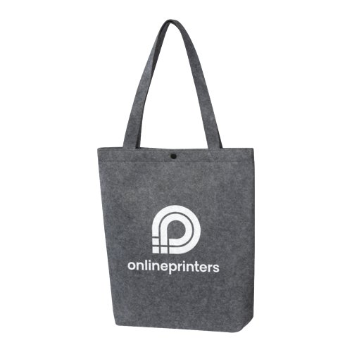 Sac en feutre gris avec fermeture à bouton et poignées.