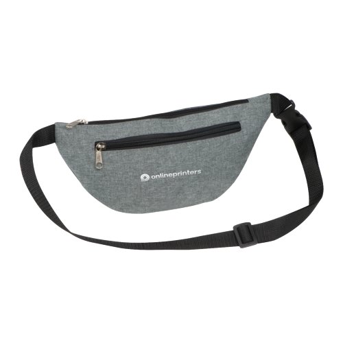 Sac banane gris avec sangle réglable et fermeture éclair.