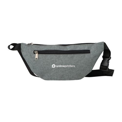 Sac banane gris avec fermeture éclair et ceinture réglable.