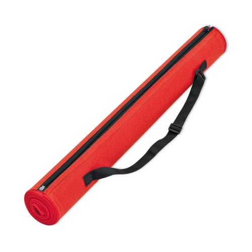 Tapis de plage rouge avec fermeture clair et sangle de transport.