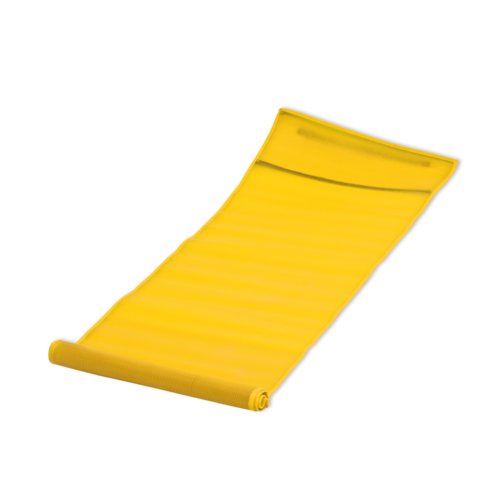 Tapis de plage en tissu jaune, enroulable.