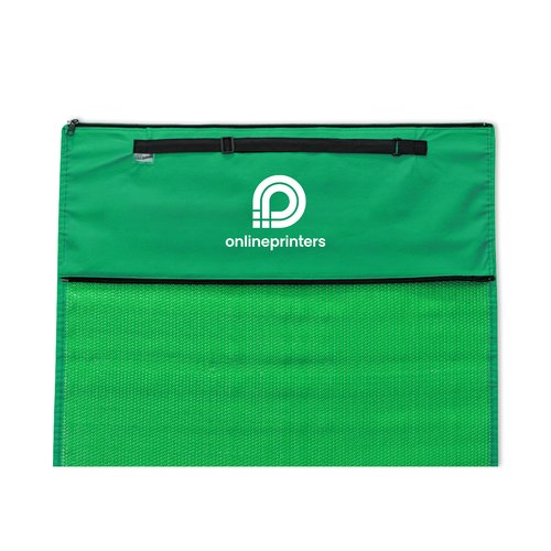 Tapis de plage vert avec poigne de transport et poche zippe.