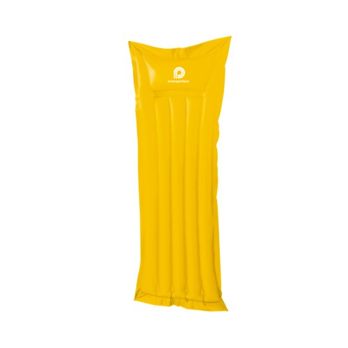 Matelas pneumatique jaune en plastique de forme oblongue.