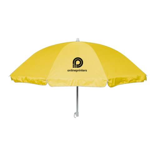 Parasol de plage jaune avec un cadre rglable.