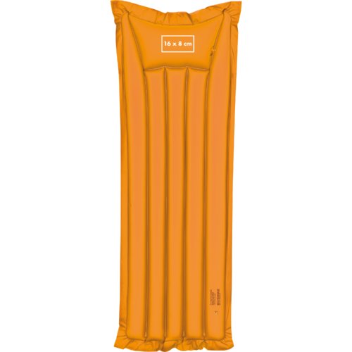 Matelas pneumatique orange en plastique de forme allonge.