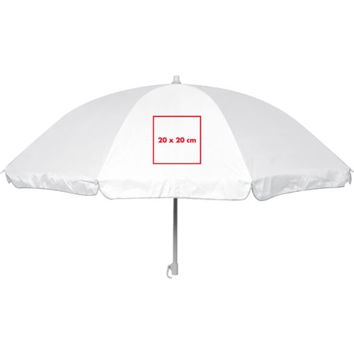 Parasol blanc en tissu avec armature en mtal et bords arrondis.