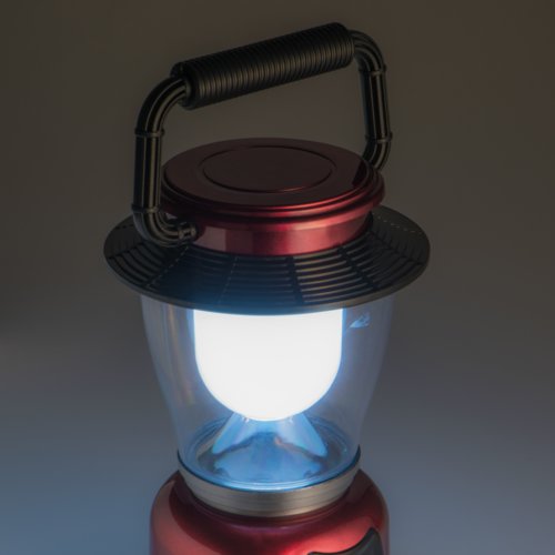 Lanterne LED de camping rouge avec support et poigne de transport.