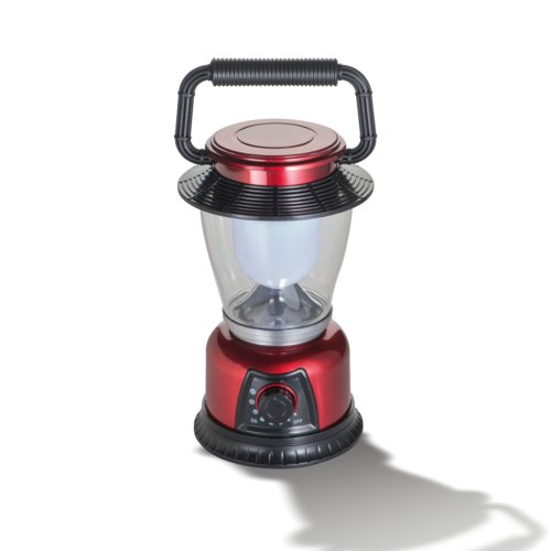 Lampe de camping LED rouge avec poigne de transport et interrupteur rotatif.