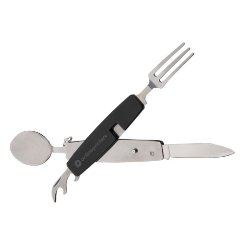 Ensemble de couverts de camping en métal noir avec couteau, fourchette, cuillère et ouvre-bouteille.